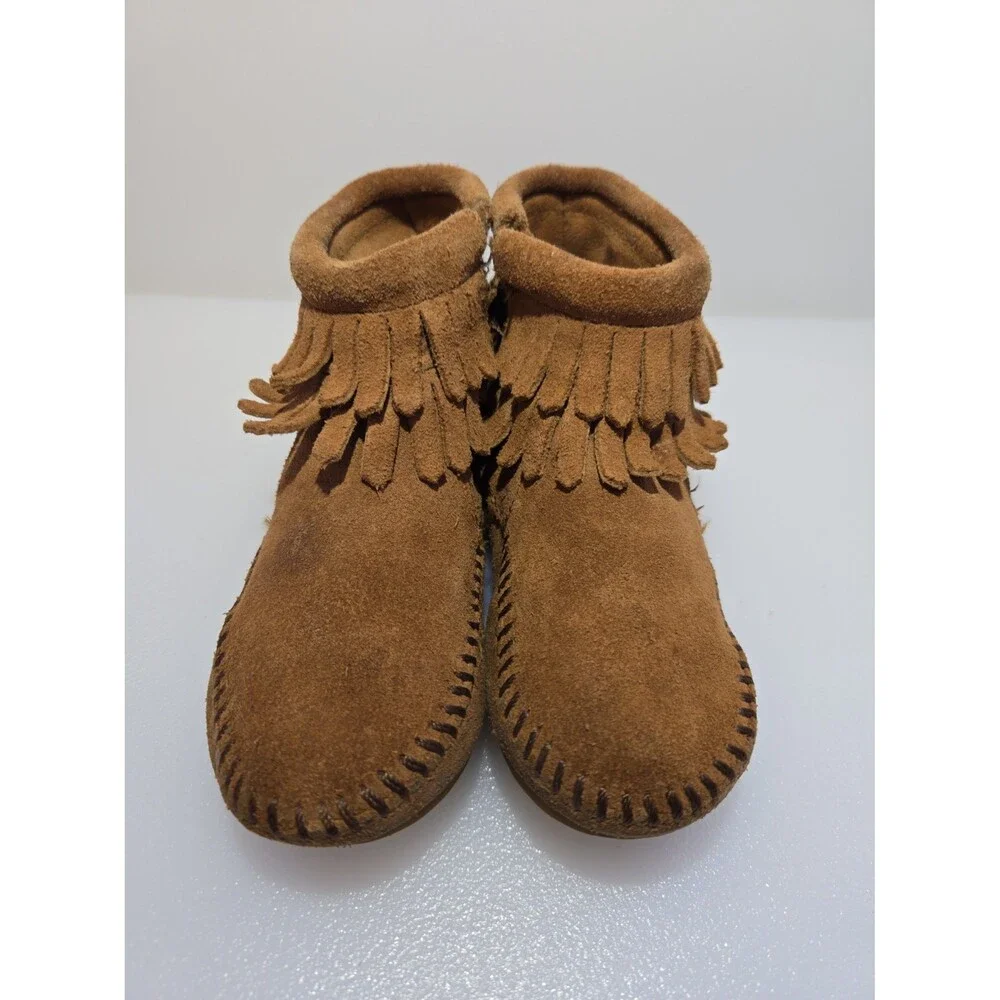 Minnetonka Kids Size 6 Double Fringe Moccasins Bootie Brown Leather Side Zipper